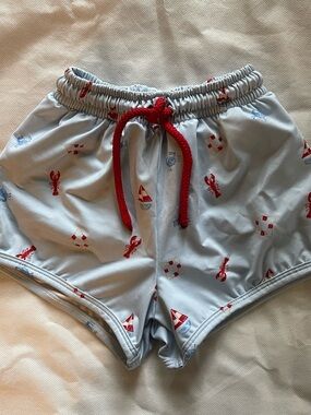 James & Lottie Kids Light Blue Nautical Swim Shorts with Red Drawstring